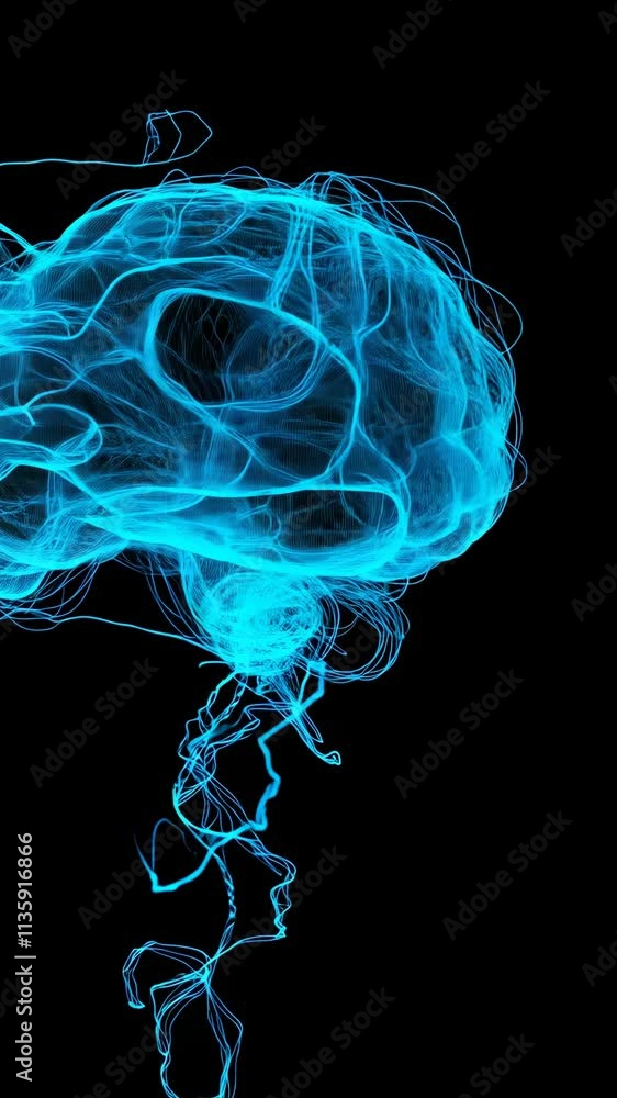 Poster bright blue abstract representation of a brain with flowing lines on a black background