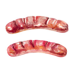 Fried sausages. Juicy tasty grilled meat sausages hand drawn watercolor illustration isolated