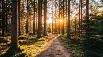 Obraz premium Serene Forest Pathway at Sunset Surrounded by Tall Pine Trees