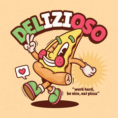 Italian Pizza Trendy Retro Cartoon Vector Hand Drawn 
