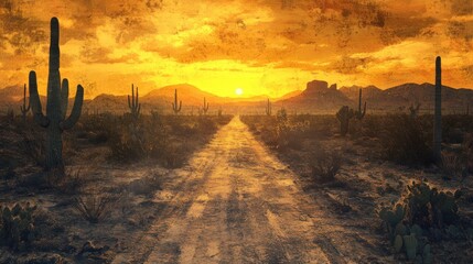 Desert Sunset Road Leading Through Cactus Landscape