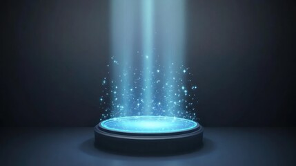 Illuminated Platform with Blue Light and Sparkling Particles