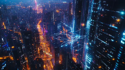Obraz premium Smart digital Innovation city with connection network reciprocity over the cityscape. of future smart wireless digital city and social media networking systems that connects people with in city