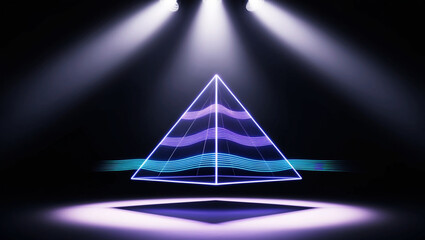 Neon Geometric Pyramid with Holographic Waves on Dark Background