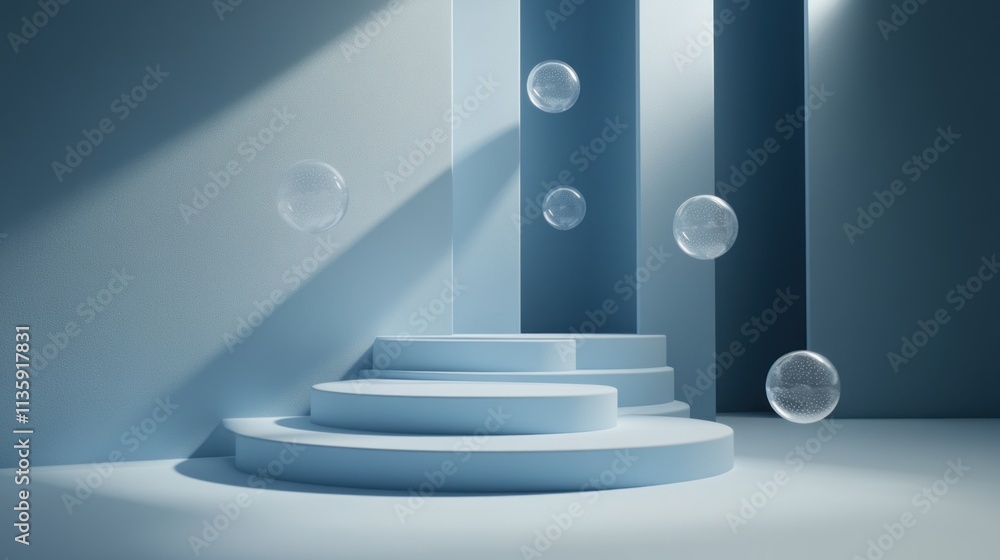 Poster blue platform with floating transparent bubbles