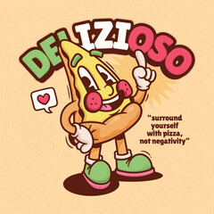 Italian Pizza Trendy Retro Cartoon Vector Hand Drawn 