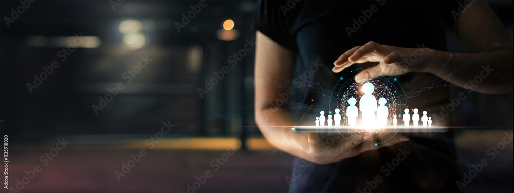 Poster crm. customer network relationship management concept, woman hold structure of global customer netwo