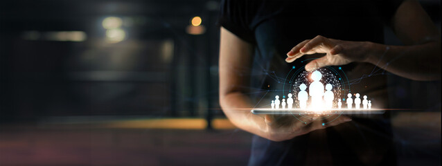 CRM. Customer network relationship management concept, Woman hold structure of global customer...