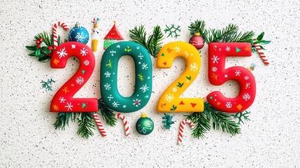 Colorful 2025 numbers decorated with festive elements like greenery and ornaments on a bright background, symbolizing celebration and the New Year.