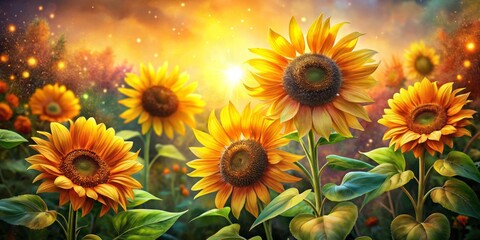 Obraz premium Bright and Cheerful Sunflower Watercolor Scene with Vibrant Floral Backdrop in Low Light Photography, Capturing HD Realism and Natural Beauty in a Stunning Artistic Composition