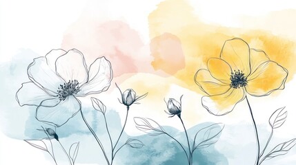 Delicate Watercolor Flowers With Line Art Detail