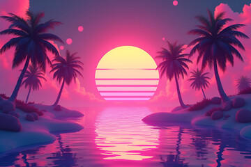 Retro-Style Tropical Sunset in Vibrant Pink and Purple Synthwave Aesthetic