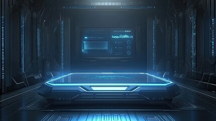 Obraz premium Futuristic Platform in a Dark Tech Room Displaying Data