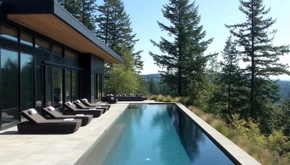 Fototapeta premium Luxury Modern Home with Infinity Pool and Stunning Mountain View in Pacific Northwest