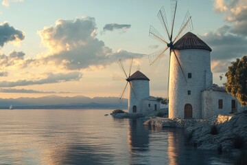 Beautiful sunset over traditional windmills by the serene water at a coastal village