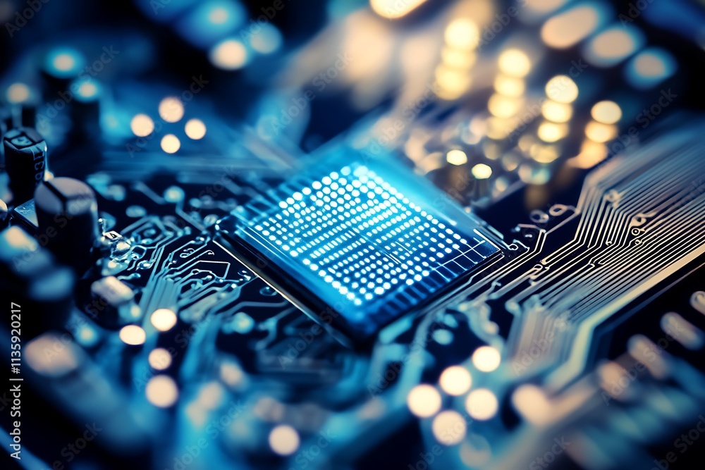 Poster close up of a computer circuit board with a processor. concept of technology, innovation, and digita
