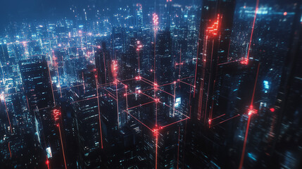 Fototapeta premium Smart digital Innovation city with connection network reciprocity over the cityscape. of future smart wireless digital city and social media networking systems that connects people with in city