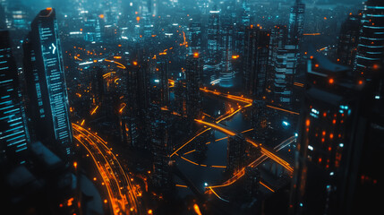 Obraz premium Smart digital Innovation city with connection network reciprocity over the cityscape. of future smart wireless digital city and social media networking systems that connects people with in city