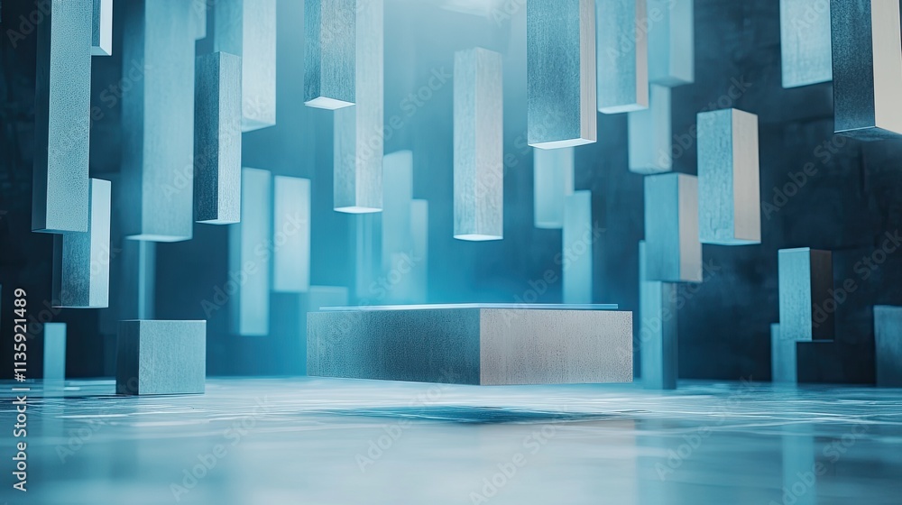 Poster abstract blue rectangular blocks floating scene