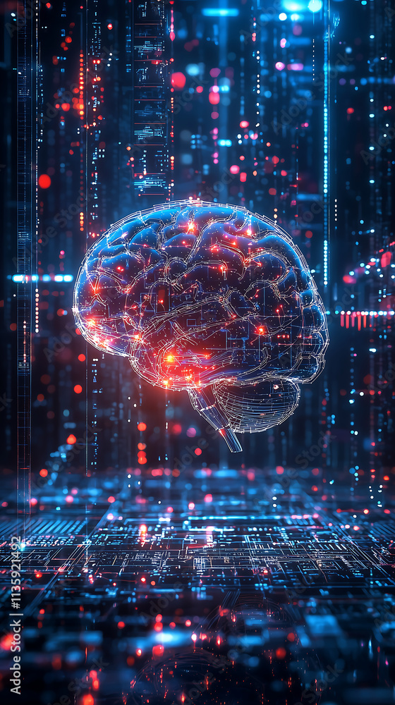 Aufkleber glowing ai brain model floating in futuristic digital environment