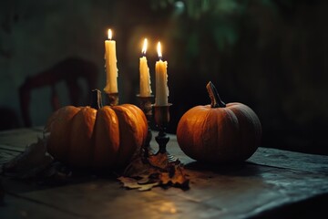 two pumpkins and three burning candles on a wooden table