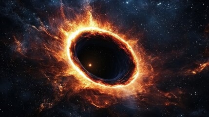 Naklejka premium A close-up view of a black holeâ€™s event horizon, with light bending and being pulled into the singularity