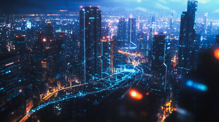 Smart digital Innovation city with connection network reciprocity over the cityscape. of future smart wireless digital city and social media networking systems that connects people with in city