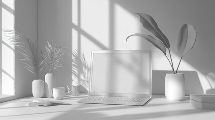 Fototapeta premium Minimalist White Workspace Laptop Plants And Books