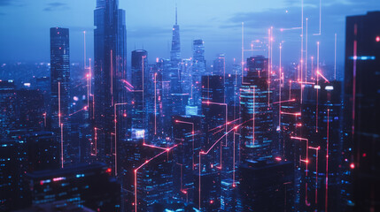 Fototapeta premium Smart digital Innovation city with connection network reciprocity over the cityscape. of future smart wireless digital city and social media networking systems that connects people with in city