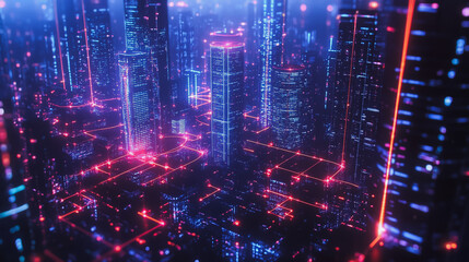 Fototapeta premium Smart digital Innovation city with connection network reciprocity over the cityscape. of future smart wireless digital city and social media networking systems that connects people with in city