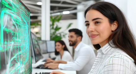 A woman smiles while working at a computer displaying green data graphics, alongside two colleagues in a modern office setting.