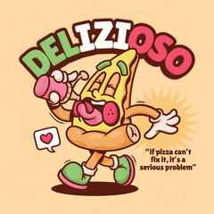 Italian Pizza Trendy Retro Cartoon Vector Hand Drawn 