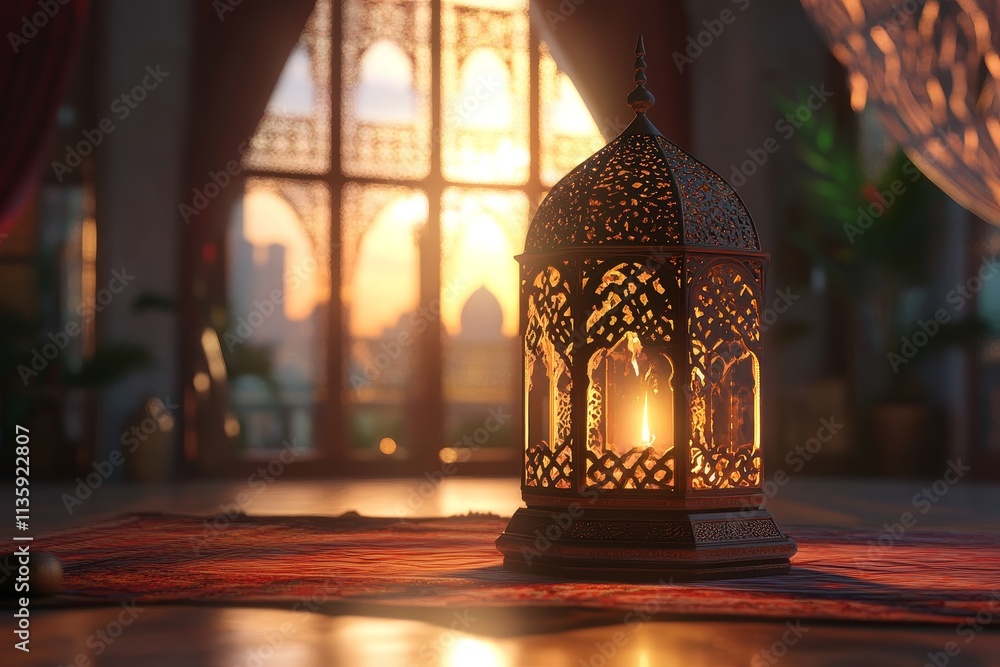 Poster warm lantern shining in an intricately designed room with soft light streaming through ornate window