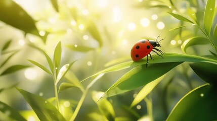 Obraz premium Ladybug Resting on Lush Green Blades of Grass