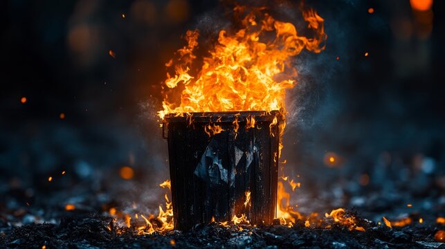 A metal trash can engulfed in vibrant flames against a dark backdrop. The scene is intense and dramatic.