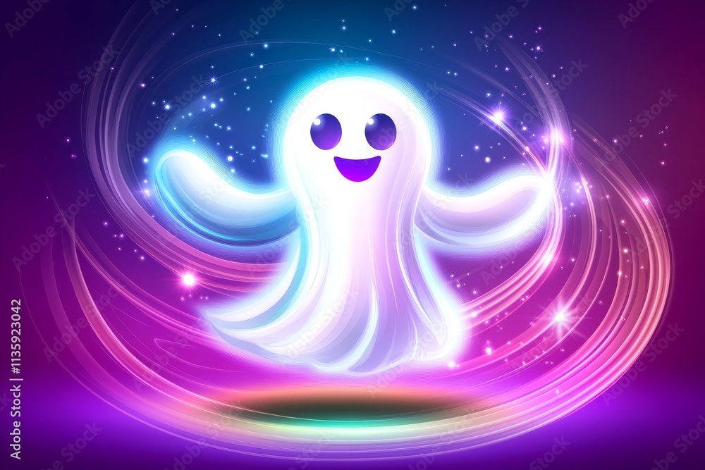 Poster whimsical ghost character with cheerful expression surrounded by colorful swirls and sparkles on a v