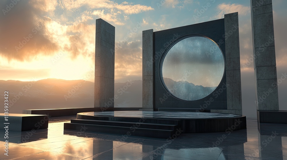 Aufkleber modern architectural structure with circular window and pool
