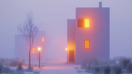 Fototapeta premium Misty Winter Evening Modern Minimalist Houses Soft Lighting