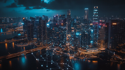 Smart digital Innovation city with connection network reciprocity over the cityscape. of future smart wireless digital city and social media networking systems that connects people with in city