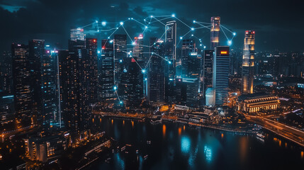 Smart digital Innovation city with connection network reciprocity over the cityscape. of future smart wireless digital city and social media networking systems that connects people with in city