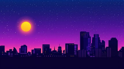 A cyberpunk city skyline at night with purple