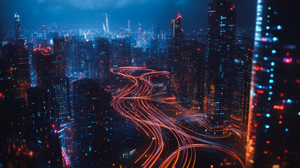 Obraz premium Smart digital Innovation city with connection network reciprocity over the cityscape. of future smart wireless digital city and social media networking systems that connects people with in city