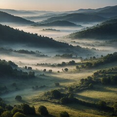 A hyper-realistic depiction of a misty valley in the early morning.