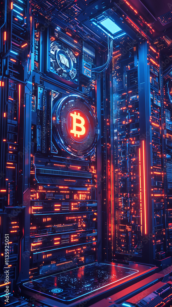 Aufkleber futuristic cryptocurrency mining setup with glowing bitcoin servers and advanced technology