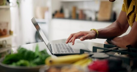 Man, hands and online recipe with laptop for breakfast, healthy diet or research in kitchen at home. Closeup, male person or browsing with computer for cooking tutorial, nutrition or morning at house
