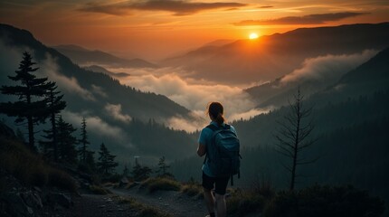 Fototapeta premium High-resolution stock photo, eerie creepy atmosphere, dark tones, unsettling details: A young couple with backpacks hikes a scenic mountain trail at sunrise, mist-covered valleys, trees, rocky terrain