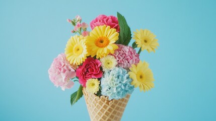 Colorful flowers in a waffle cone against a blue background.