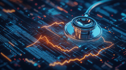 A stethoscope rests on a digital display featuring fluctuating heartbeat patterns. The vibrant lines represent health metrics and vital signs, indicating a focus on modern healthcare.