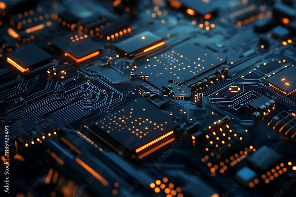Poster high tech circuit board with glowing components. concept of advanced technology, innovation, and dig