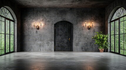 Obraz premium Modern Concrete Room Interior Design Dark Walls Large Windows Plants